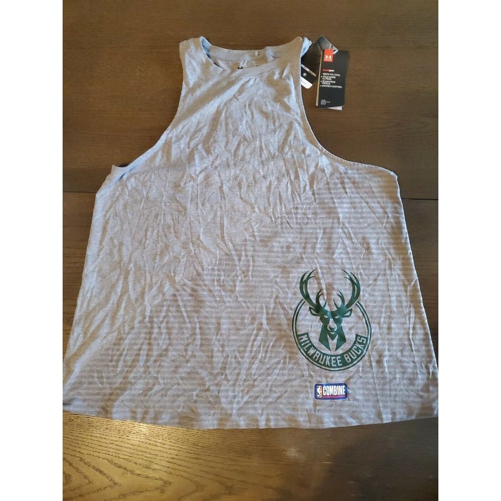 Under Armour Milwaukee Bucks HeatGear Womens Tank Size L Cool Dry Light Tee Gray